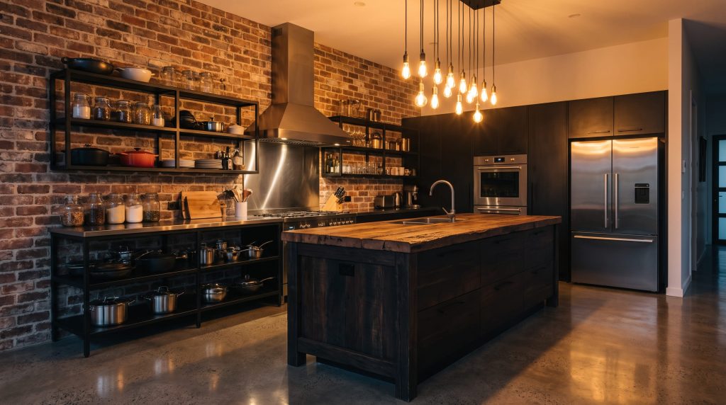 industrial kitchen design idea with exposed brick